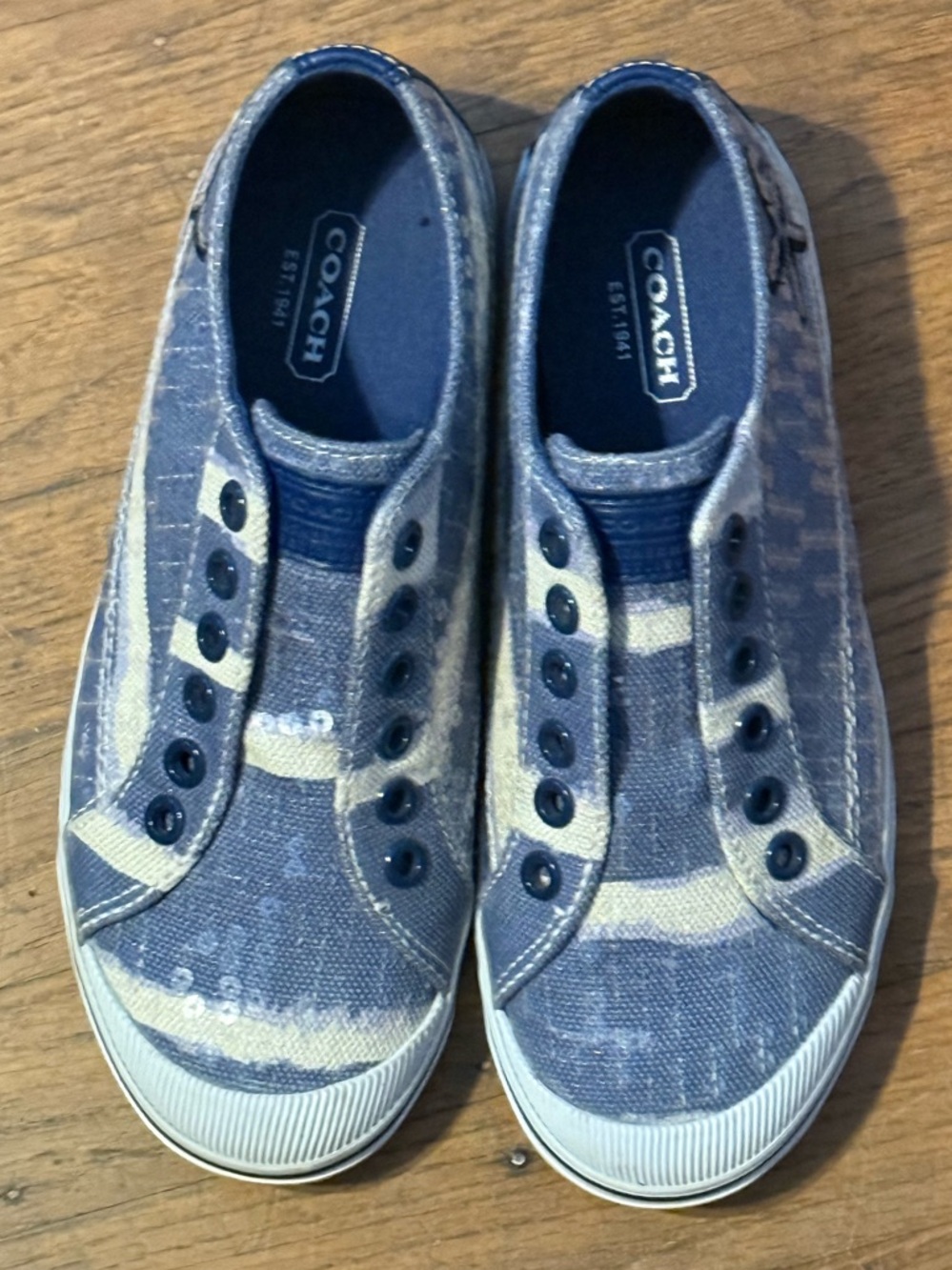 COACH Blue Canvas Beach Slip-On Sneakers with Cream Accents
